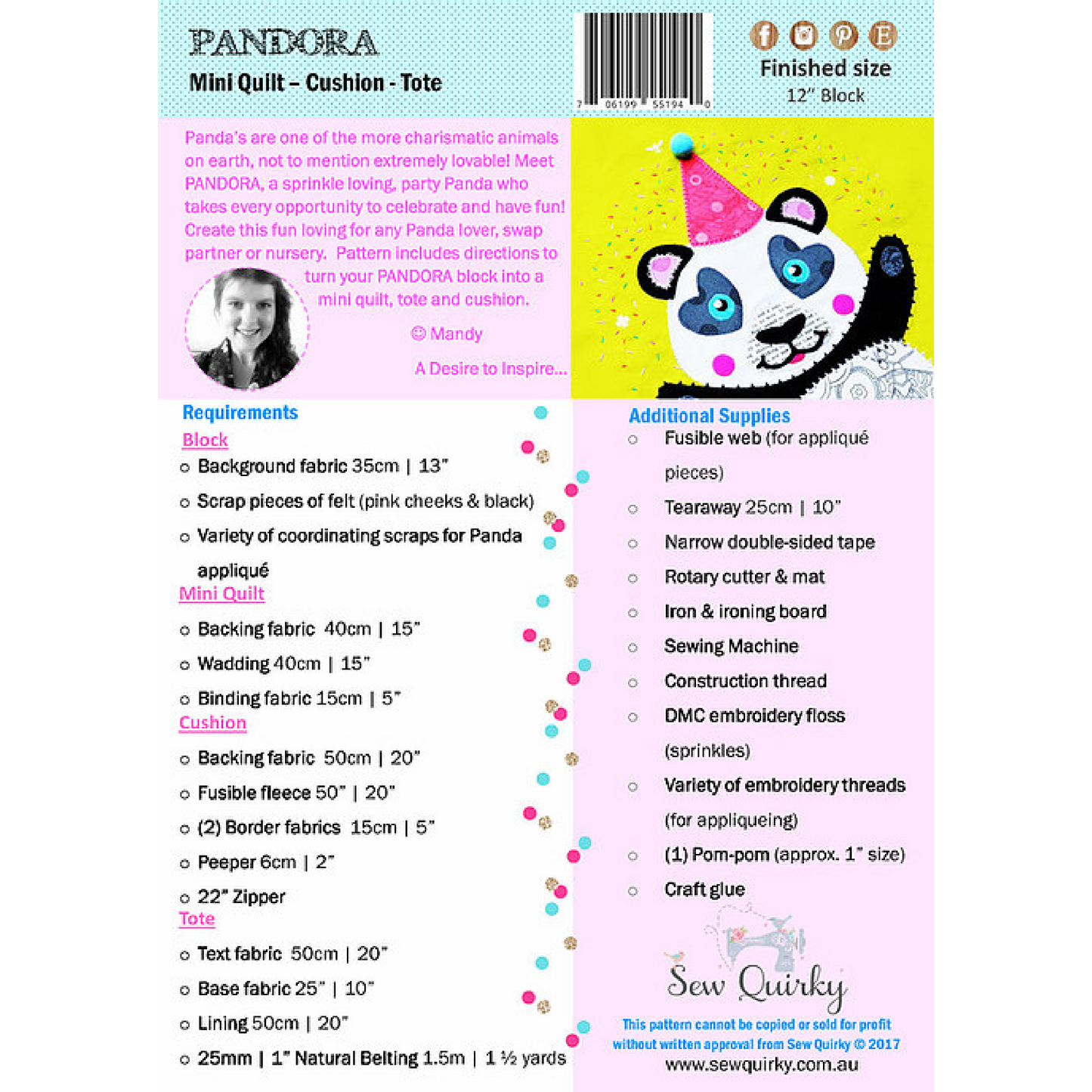 Pandora the Panda Appliqué Pattern-Sew Quirky
